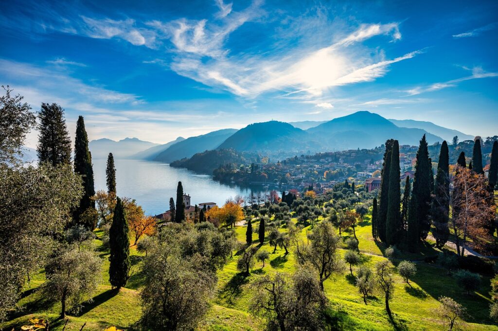 lake, lake como, trees, sunburst, terrace, garden, nature, village, bellagio, italy
